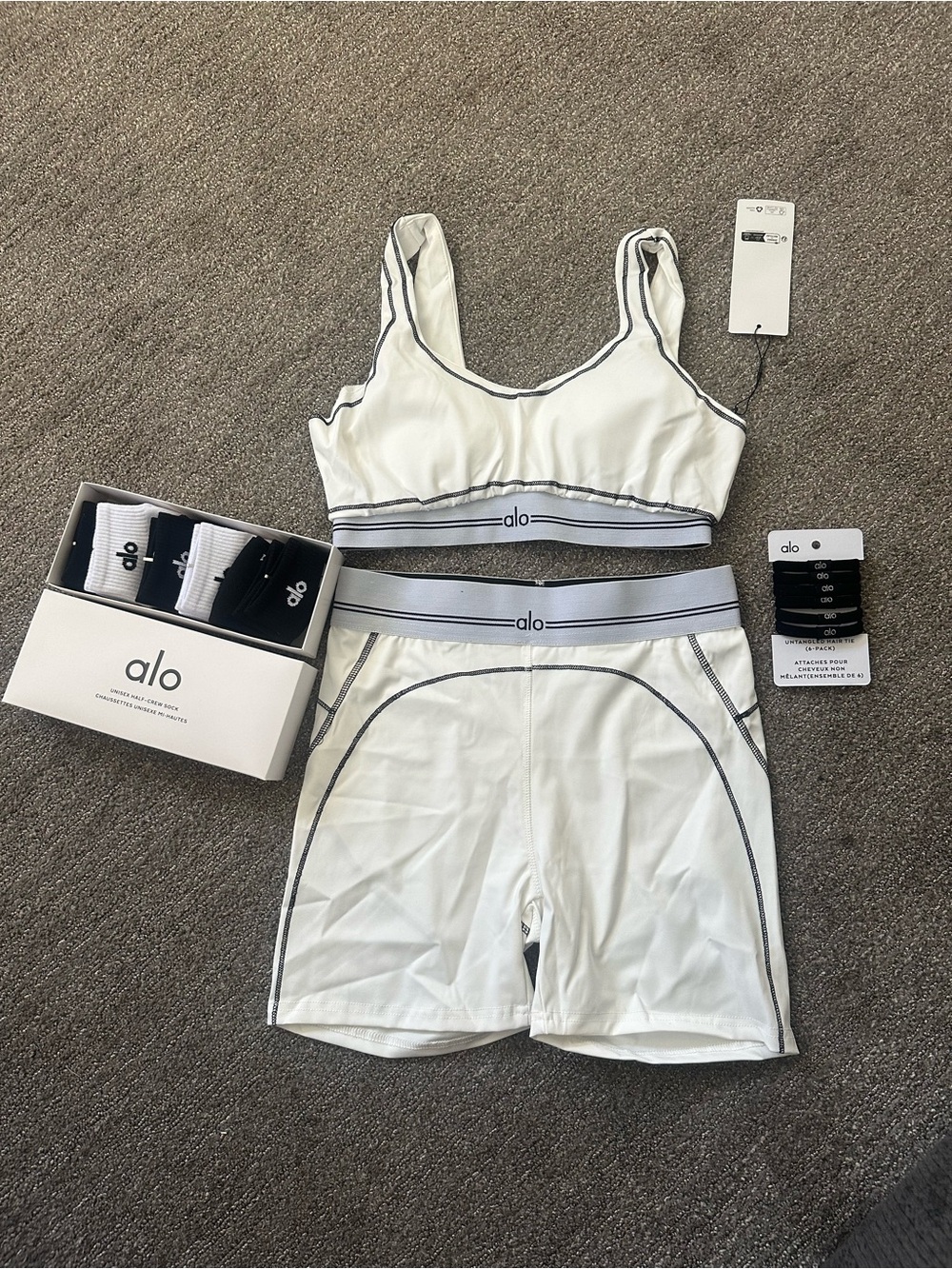 ALO Yoga White Sports Bra & High-Waist Shorts Set with Gray Trim included socks